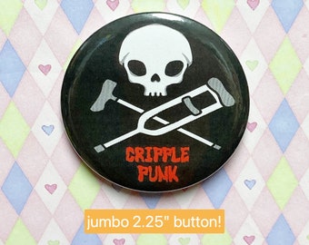 black & red cripple punk skull and crossbones cane crutch jumbo button! (2.25")