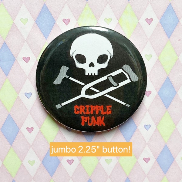 black & red cripple punk skull and crossbones cane crutch jumbo button! (2.25")