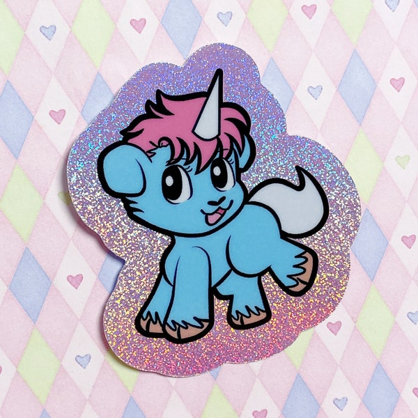 unico pink blue unicorn osamu tezuka anime glitter holographic pastel kawaii vinyl sticker! (3")