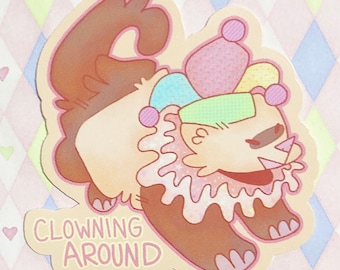 clowning around jester clown ferret pastel rainbow kawaii vinyl sticker! (3")