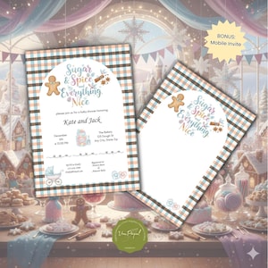 Può includere: Due inviti per baby shower a tema pan di zenzero. Gli inviti presentano un bordo a quadretti marrone, blu e bianco. Il testo sull'invito recita "Sugar & Spice and Everything Nice" e invita gli ospiti a celebrare Kate e Jack.