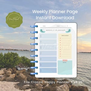 May include: A weekly planner page with a blue binding, featuring a light blue, yellow, and white design. The planner includes sections for each day of the week, reminders, and notes. Text on the page reads "Weekly Planner Page Instant Download" and "Fits Classic Happy Planner 7"x9.25".