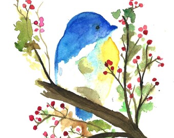 Aquarelle à la main Bluejay en fleurs de cerisier de printemps