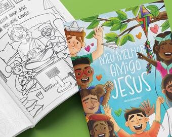 Puede incluir: Un libro para colorear abierto con una ilustración en blanco y negro de personas en una habitación, junto a una portada de libro con el texto "MEU MELHOR AMIGO JESUS" e ilustraciones de diversas personas. El fondo es verde liso.