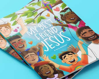 Puede incluir: Dos libros infantiles apilados sobre una superficie azul. La portada del libro superior presenta el título "My Best Friend Jesus" con ilustraciones de niños diversos y Jesús. También se representa una cometa y corazones.