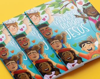 Puede incluir: Varios libros infantiles titulados "Mi Mejor Amigo Jesús" (Mi Mejor Amigo Jesús) con ilustraciones coloridas de niños y Jesús. Los libros están sobre un fondo amarillo brillante.