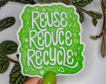 Puede incluir: Pegatina verde con letras blancas que dicen "Reuse Reduce Recycle". La pegatina está decorada con pequeñas ilustraciones de varios artículos ecológicos, como una taza de café, una planta, una camiseta y un símbolo de reciclaje.