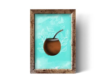 Puede incluir: Una ilustración enmarcada de una calabaza marrón con una pajita, rodeada de hojas blancas estilizadas sobre un fondo turquesa.