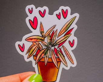 Puede incluir: Una pegatina de una planta en maceta con hojas rosas y verdes rodeada de corazones rosas.