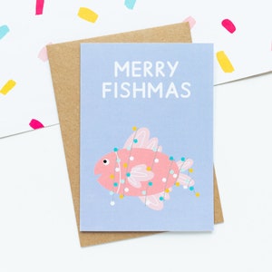 Merry Fishmas Weihnachten A6 Grußkarte - Punny Weihnachtskarte - Ozean Weihnachtskarte - Festlicher Fisch - Lila & Pink Karte - Fisch Geschenke