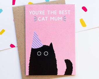 Best Cat Mum A6 Greeting Card - Happy Birthday From The Cat - Black Cat Halloween Card - Mother's Day Cat Card - Black Cat Card - Recycled