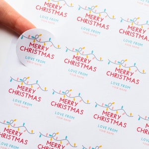 35x Eco Friendly Personalised Christmas Stickers 37mm - Merry Christmas Love From Custom Labels - Recyclable & Biodegradable Light Pattern