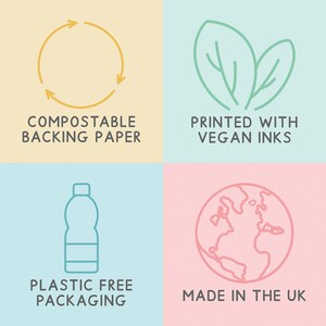 May include: Four icons on a pastel background with text below each. The top left icon is a yellow circle with two arrows, indicating compostable. The text below is "Compostable Backing Paper". The top right icon is two green leaves, indicating vegan inks. The text below is "Printed with Vegan Inks". The bottom left icon is a blue bottle, indicating plastic free packaging. The text below is "Plastic Free Packaging". The bottom right icon is a pink globe, indicating made in the UK. The text below is "Made in the UK".