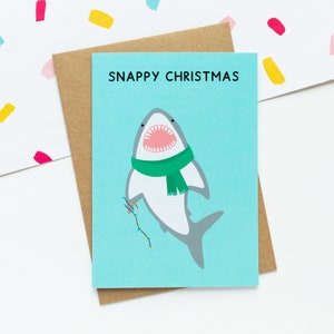 Snappy Christmas Shark A6 Greeting Card - Punny Christmas Card - Ocean Christmas Card - Festive Shark Under The Sea Card - Jaws Christmas