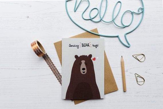 Sending Bear Hugs Greeting Card - Paper Hugs - Miss you Card - Grizzly Brown Bear - Thinking Of You - Sending Love - Father's Day Card