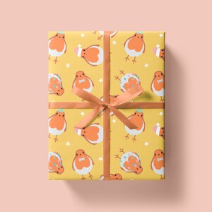 Feuille de papier cadeau Noël rouge-gorge 700 x 500 mm - feuille d'emballage cadeau Robin - papier cadeau festif - emballage cadeau jaune - feuille pliée - fait main