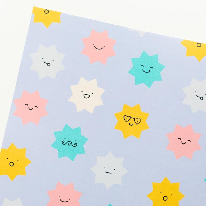 May include: A light blue background is covered with colorful star-shaped illustrations. The stars have various facial expressions, including smiles, winks, and mustaches. The stars are in yellow, pink, white, and teal.