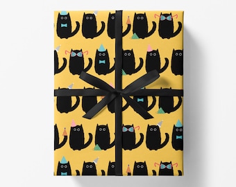 SECONDS Black Cat Party Wrapping Paper Sheet 700x500mm - Black Cat Gift Wrap Sheet - Fun Wrapping Paper - Yellow Birthday Father's Day