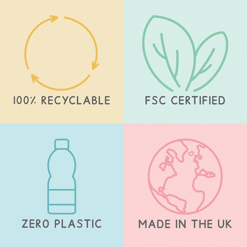 May include: A graphic with four sections, each on a different pastel background. The sections contain the phrases "100% Recyclable", "FSC Certified", "Zero Plastic", and "Made in the UK", along with corresponding icons.