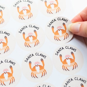 35x Autocollants Eco Friendly Santa Claws 37mm - Feuille d’autocollants de Noël - Étiquettes commerciales festives - Autocollants crabe pour enfants - Autocollants Punny