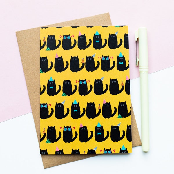 Black Cat Party Greeting Card A6 - Black Cat Owner - Halloween Card - Black Cat Birthday Card - Cat Celebration Card - Funny Birthday Card