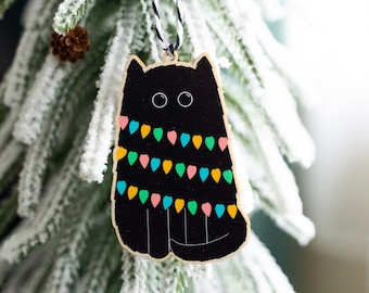 Cat Christmas Decoration - Black Cat Decoration - Wooden Christmas Tree Decoration - Wooden Bauble - Cat Tree Decoration - Handmade Bauble