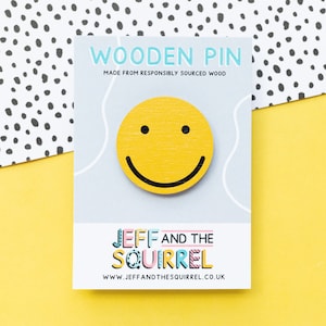 Smile Wooden Pin Badge - Big Yellow Smile Face Pin - Happy Mental Health Badge - Sustainable Zero Waste Gift - Secret Santa - Positivity