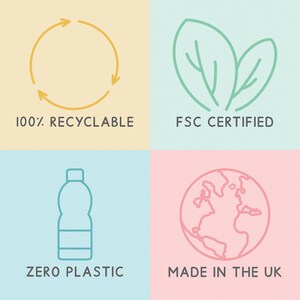 May include: Four colorful squares with icons and text. The top left square is yellow with a circular arrow icon and the text "100% RECYCLABLE". The top right square is light blue with a green leaf icon and the text "FSC CERTIFIED". The bottom left square is light blue with a blue water bottle icon and the text "ZERO PLASTIC". The bottom right square is pink with a pink globe icon and the text "MADE IN THE UK".