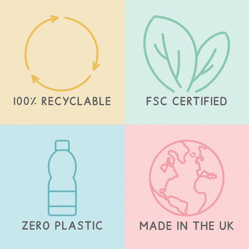 May include: Four colorful squares with icons and text. The top left square is yellow with a circular arrow icon and the text "100% RECYCLABLE". The top right square is light blue with a green leaf icon and the text "FSC CERTIFIED". The bottom left square is light blue with a blue water bottle icon and the text "ZERO PLASTIC". The bottom right square is pink with a pink globe icon and the text "MADE IN THE UK".