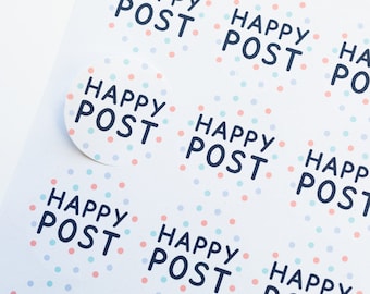 35x Eco Friendly Happy Post Stickers 37mm - Small Business Labels - Business Packaging - Colourful Stationery - Spotty Happy Post Labels