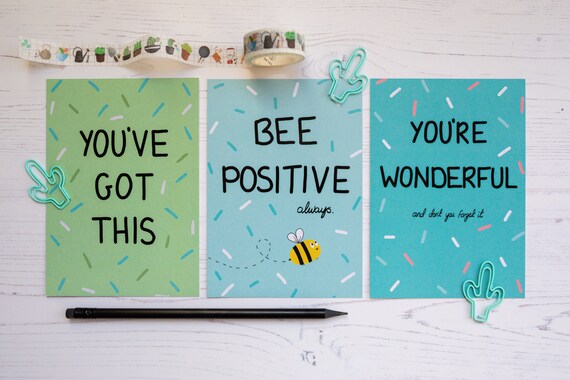 3x Positive Postcards & Notecards - Miss You Cards - Thinking of You - Motivational Cards - Office Decor - Sending Hugs - Recycled A6