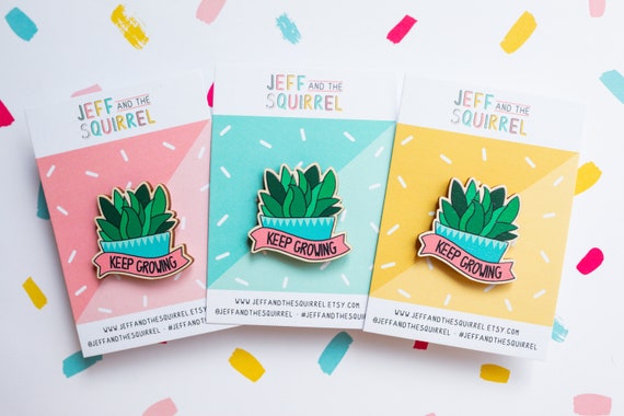 Succulent Plant Wooden Pin Badge - Keep Growing Positive Pin - Eco-Friendly Pin Badge - Lapel Cactus Brooch - Birthday Gift for Plant Lovers