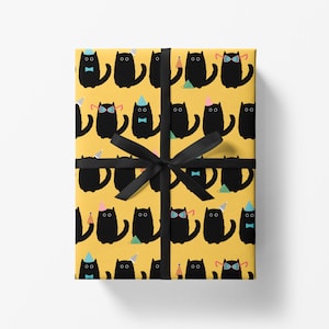 Black Cat Party Wrapping Paper Sheet 700mmx500mm - Yellow Cat Gift Wrap Sheet - Halloween Gifting - Black Cat Lovers - Birthday, Celebration