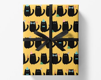 Schwarze Katze Party Geschenkpapier Blatt 700mmx500mm - Gelbe Katze Geschenkpapier - Halloween Gifting - Schwarze Katzenliebhaber - Geburtstag, Feier