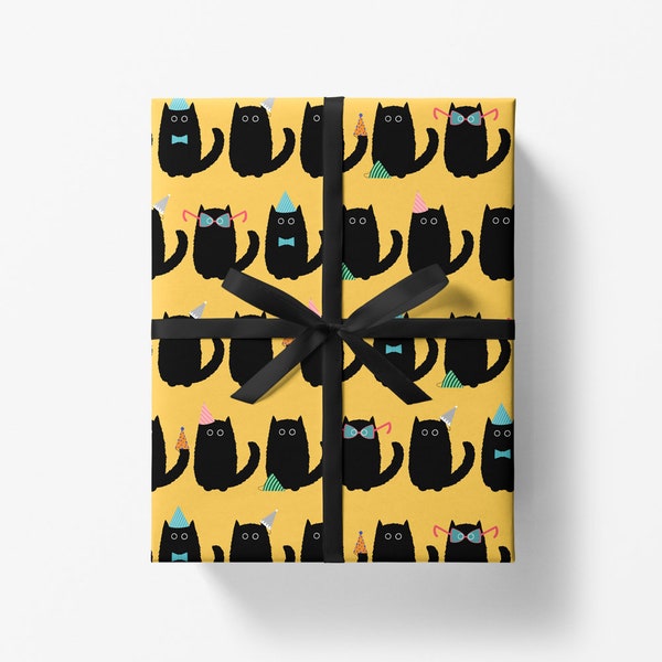 Black Cat Party Wrapping Paper Sheet 700mmx500mm - Yellow Cat Gift Wrap Sheet - Halloween Gifting - Black Cat Lovers - Birthday, Celebration