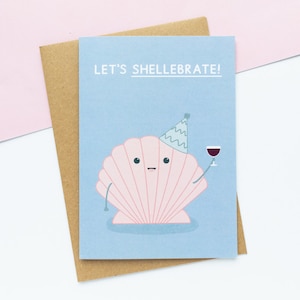 Cartão de felicitações Vamos Shellebrate A6 - Cartão de felicitações Punny - Cartão de comemoração - Cartão universitário de parabéns - Fundo do mar - Cartão oceano
