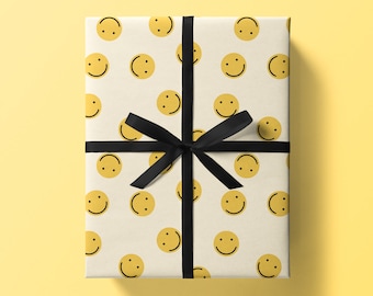 Smiles Wrapping Paper Sheet 700x500mm - Yellow Summer Gift Wrap Sheet - Happy Birthday Occasion Wrapping Paper - Fun Face Colourful 90's