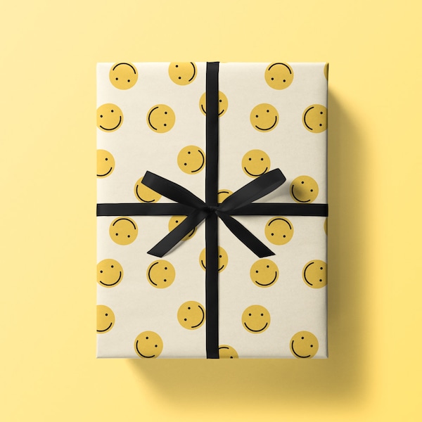 Smiles Wrapping Paper Sheet 700x500mm - Yellow Summer Gift Wrap Sheet - Happy Birthday Occasion Wrapping Paper - Fun Face Colourful 90's