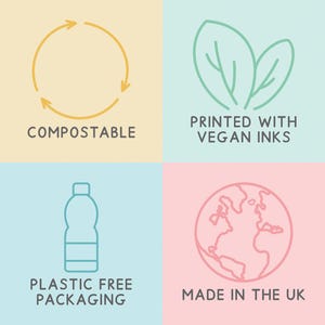 May include: A graphic with four sections, each with a different icon and text. The top left shows a recycling symbol with the word "COMPOSTABLE". The top right shows two leaves and the text "PRINTED WITH VEGAN INKS". The bottom left shows a bottle and the text "PLASTIC FREE PACKAGING". The bottom right shows a globe and the text "MADE IN THE UK".