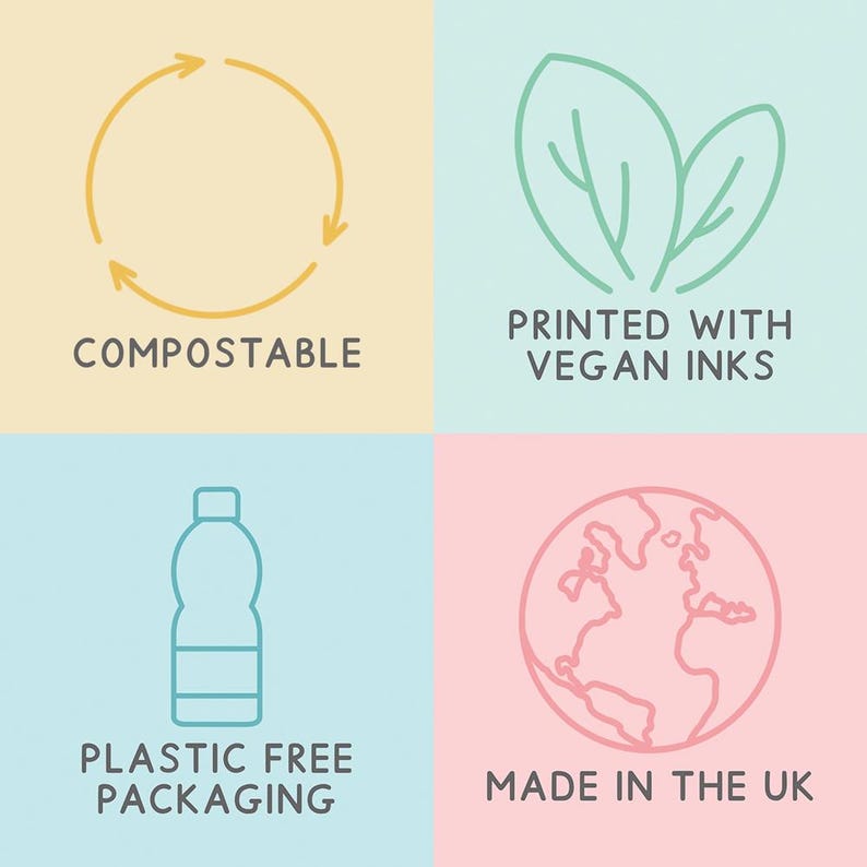 May include: A graphic with four sections, each with a different icon and text. The top left shows a recycling symbol with the word "COMPOSTABLE". The top right shows two leaves and the text "PRINTED WITH VEGAN INKS". The bottom left shows a bottle and the text "PLASTIC FREE PACKAGING". The bottom right shows a globe and the text "MADE IN THE UK".