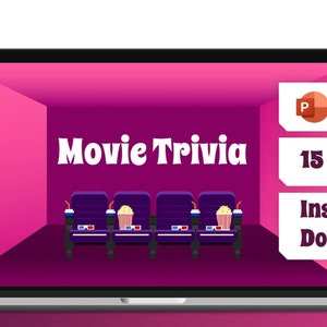 May include: A laptop screen displays a movie trivia game scene with purple theater seats, popcorn, and 3D glasses. The text "Movie Trivia" is prominent. Additional text indicates "15 rounds" and "Instant Download".