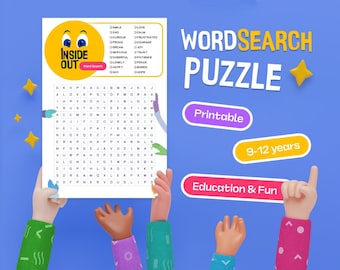 Printable Inside Out emotions word search game, fun classroom and party activity for kids and families, instant download in PDF format