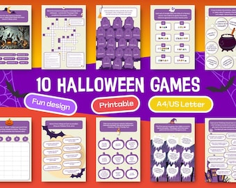 Halloween printable game bundle with 10 easy, family-friendly party activities — instant download available in US Letter and A4 formats