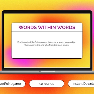 May include: A laptop screen displaying the text "WORDS WITHIN WORDS" with instructions to find as many words as possible in a word game. The screen is on a yellow and orange background. Below the laptop are three buttons: "PowerPoint game", "50 rounds", and "Instant Download".