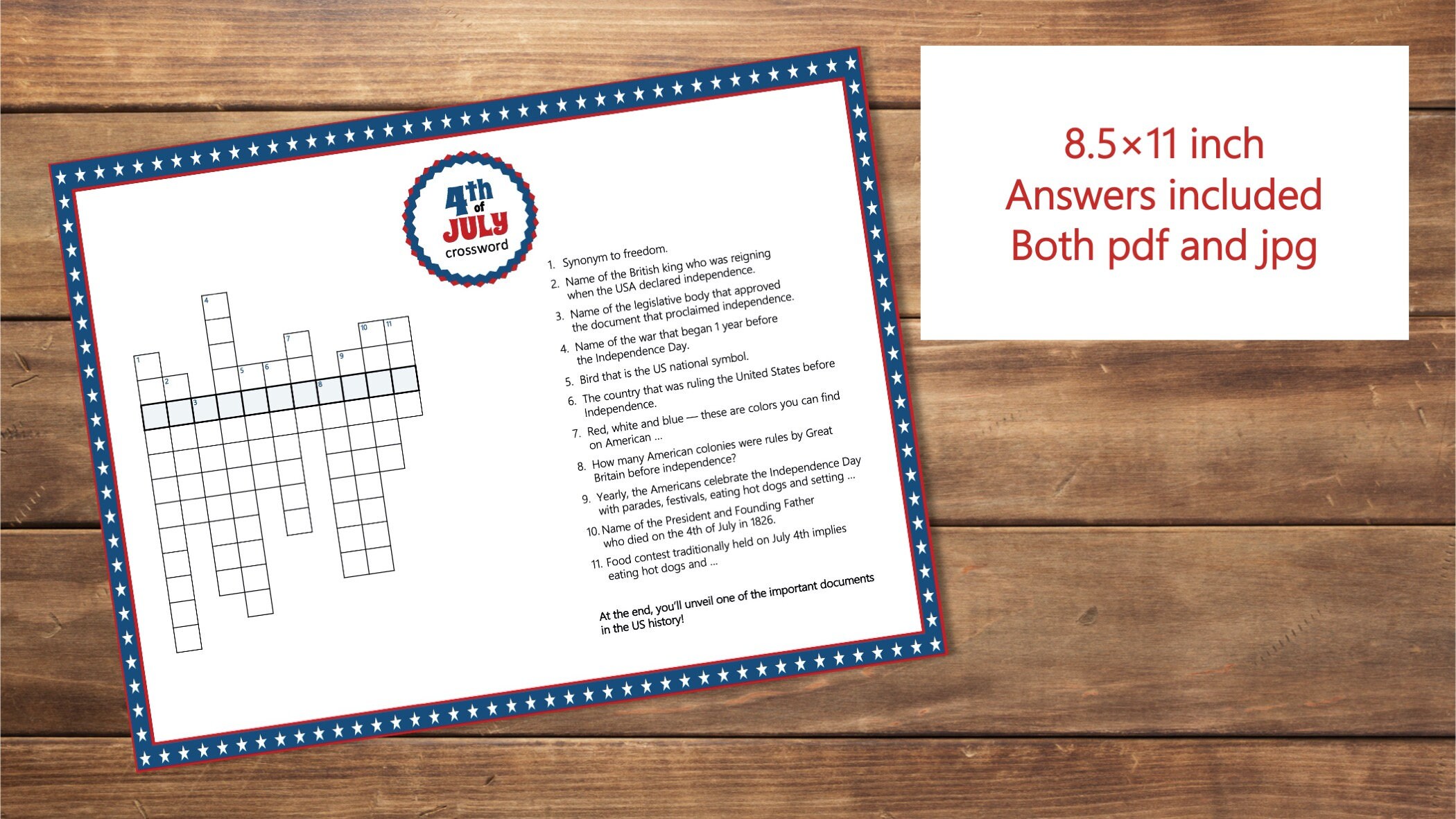 4th July Printable Game Crossword Puzzle Perfect for Independence Day