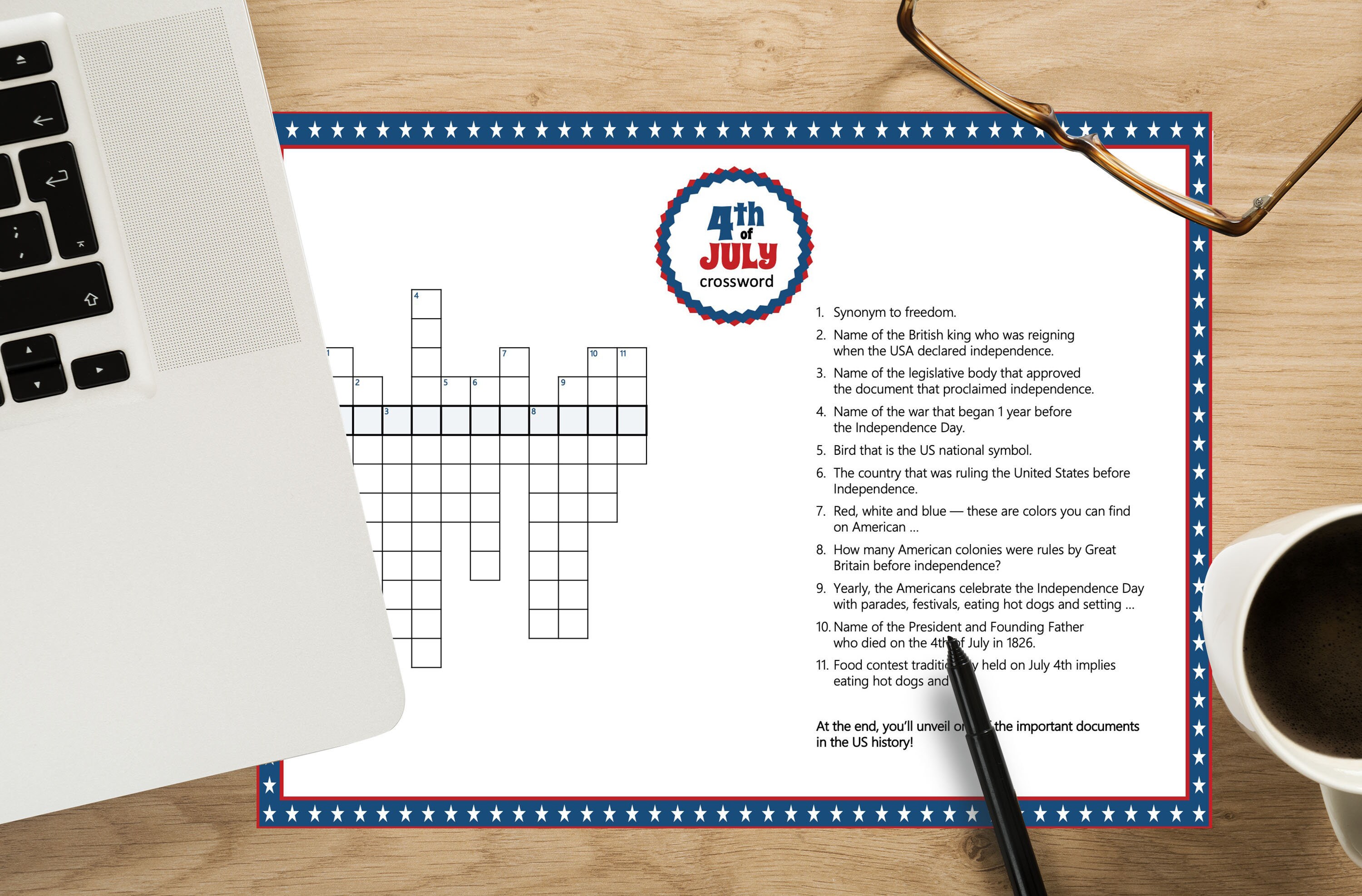 4th July Printable Game  — Crossword Puzzle  — Perfect for Independence Day Party, Classroom Game and Family Reunion— Instant Download