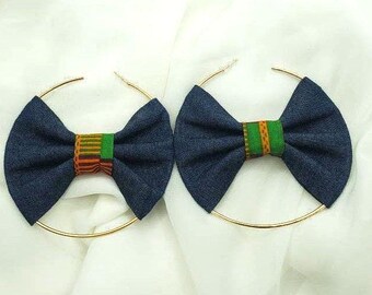 Dark Denim African Print Hoop Earrings, Ankara Fabric Bow