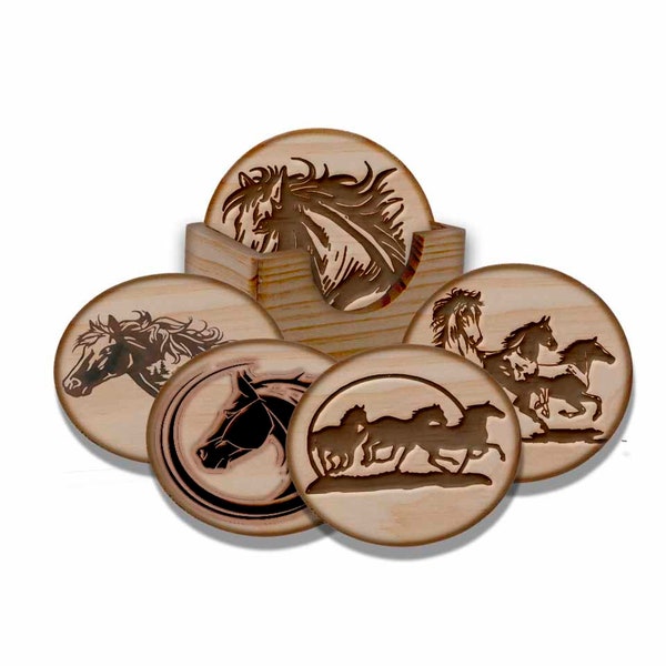 Enchanted Timber: Horses Laser-Engraved Wood Coaster Set 1