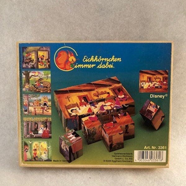 Children's Wooden Block Puzzle Disney Germany Wood Case Vintage. Cinderella, Snow White, Puss n Boots, Snow White/Red Rose, Bremen Town