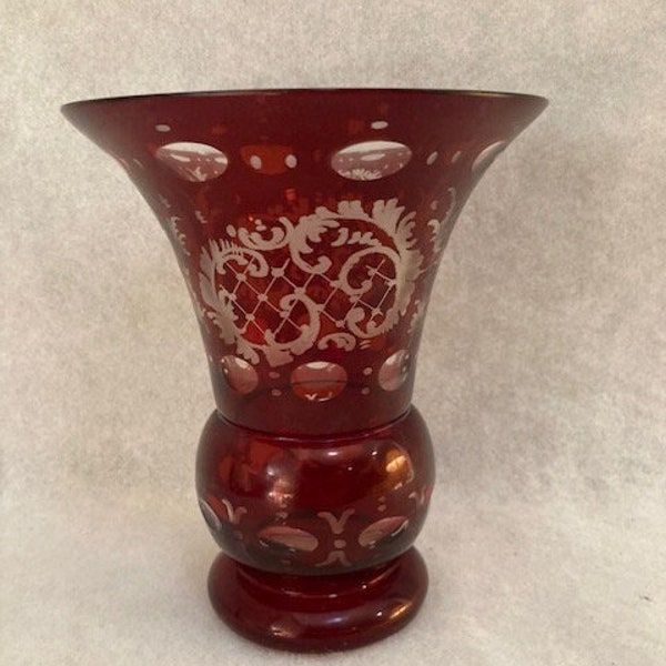 Antique Vintage Czech Bohemian Glass Ruby Red Cut to Clear Deer Stag Vase